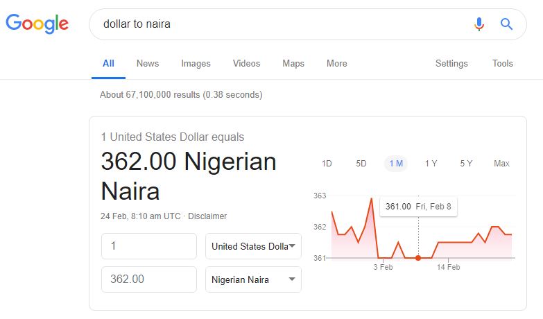 Google Currency conversion Error: Converts $1 to ₦184 instead of ₦362 3 Correct dollar to Naira conversion