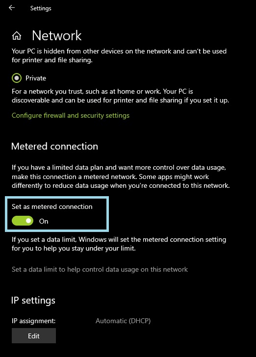 set as metered connection